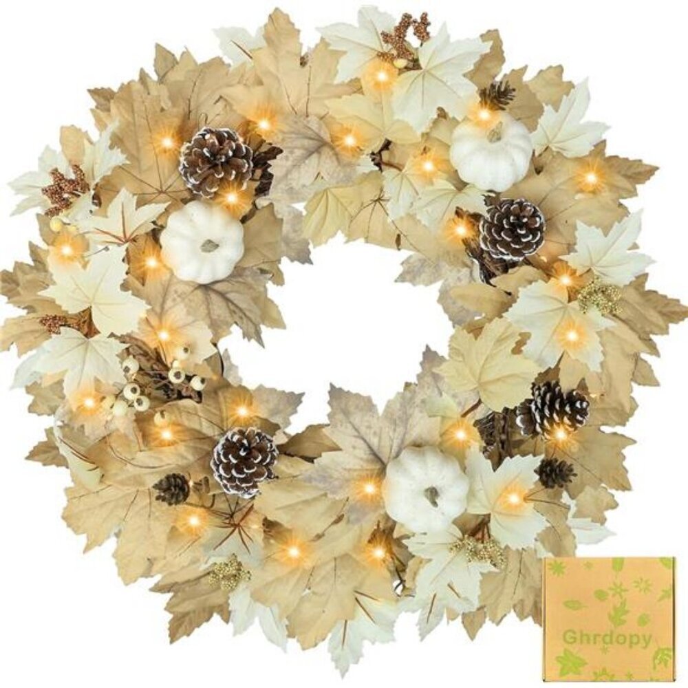 Fall Wreath with Lights 22 Inch - Fall Wreaths for Front Door Thanksgiving
